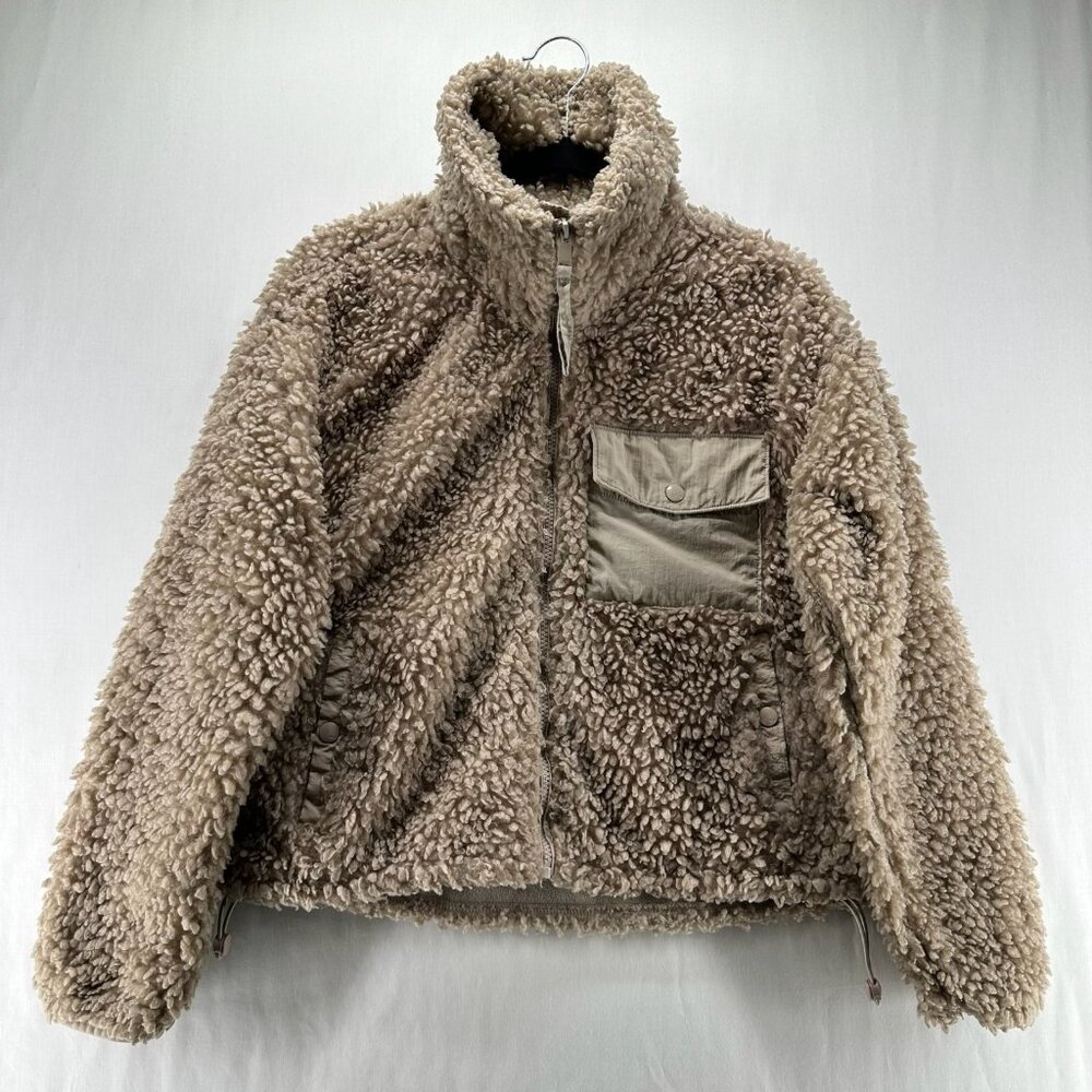 Abercrombie & Fitch Sherpa Fleece Jacket Womens XS Full Zip Patch Pocket Taupe
